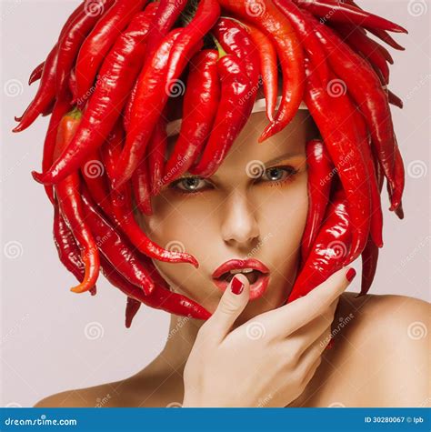 Glamour Hot Chili Pepper On Shiny Woman S Face Creative Concept Stock
