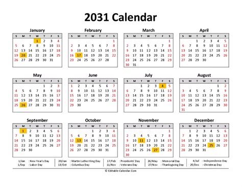 Download 2031 Calendar Printable With Us Holidays Weeks Start On Sunday