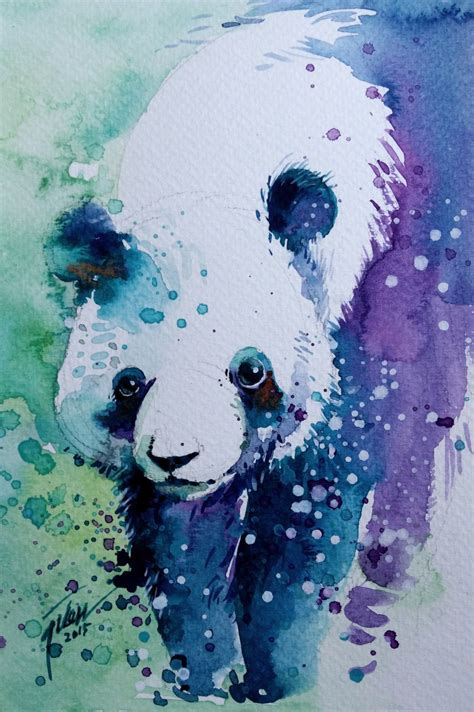 Panda Watercolour With Gouache 133 X 20 Cm Original Painting By