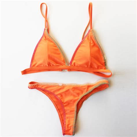 sexy orange women micro bikini set thong bikini bottom padded top brazilian bikini swimwear