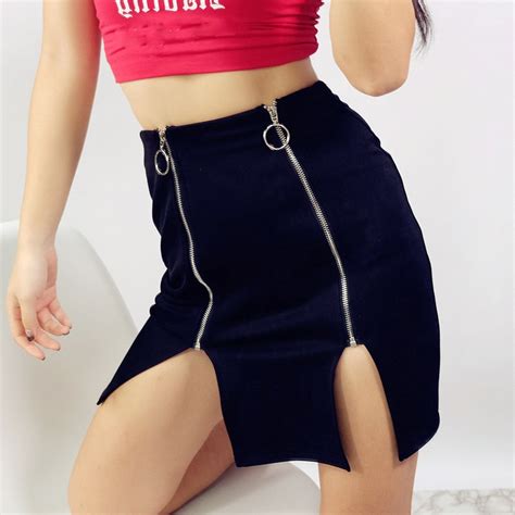 Women Sexy Front Zipper Bodycon Skirts Ladies Solid Black Clubwear Mini