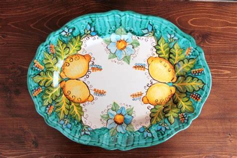 Green Plate With Handpainted Lemons Italian Artistic Ceramics Serving