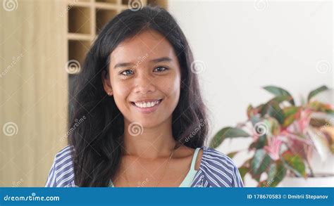Portrait Beautiful Young Filipina Woman Smiling At The Camera With