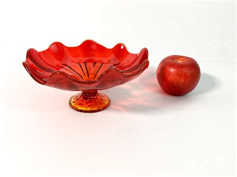 Vintage Amberina Pedestal Glass Bowl Retro Red Orange Trim Scalloped Frilled Edges Viking