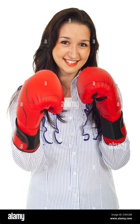 Beauty Corporate Woman Wearing Boxing Gloves Isolated On White