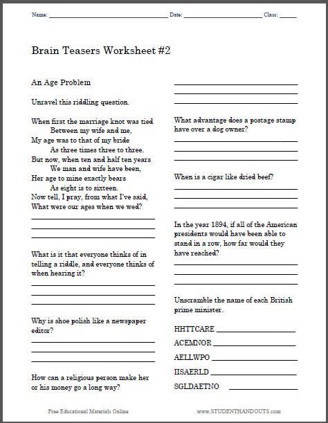 5th Grade Brain Teasers Worksheets 5th Grade Logic Puzzles Riddles