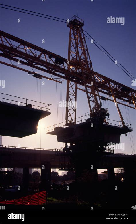 Freeway Bridge Construction Cranes Silhouette Stock Photo Alamy