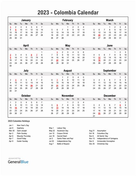 2023 Colombia Calendar With Holidays