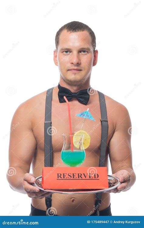 Close Up A Male Waiter With A Bare Torso Holding A Tray With An Alcoholic Cocktail And A Sign