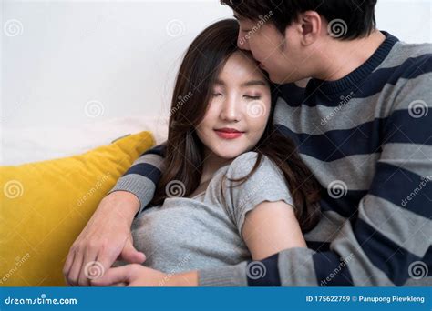 Casual Days Of Lovely Asian Lovers Stock Image Image Of Bedroom
