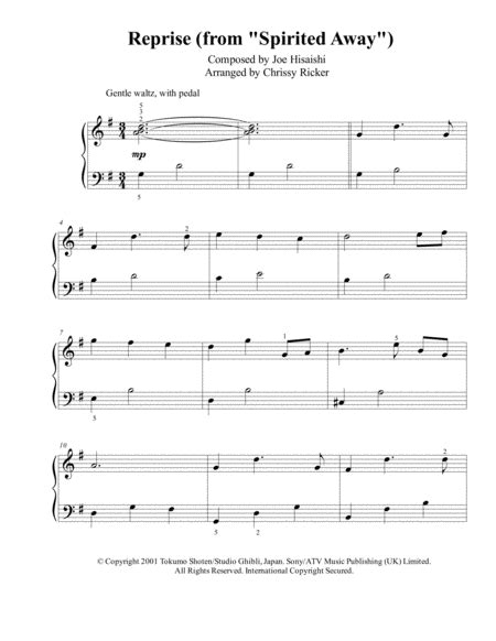 Reprise From Spirited Away Easy Piano Music Sheet Download