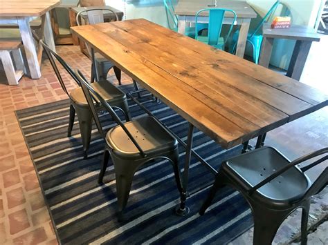 Industrial Style Farmhouse Table With Bench And Metal Chairs Black Pipe Base And Legs Wooden