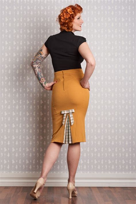 Juana Mustard Pencil Skirt With Kick Back Pleat Gorgeous Fashion
