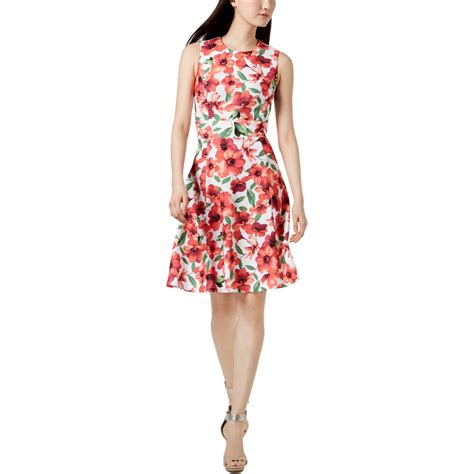 Calvin Klein Womens Red Floral Print A Line Party Cocktail Dress 14