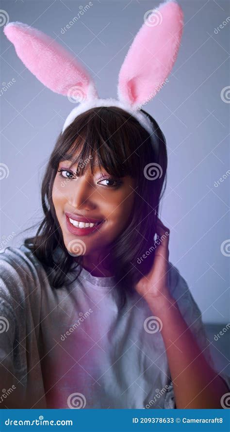 Woman With Bunny Ears African American Black Woman Taking Selfie In