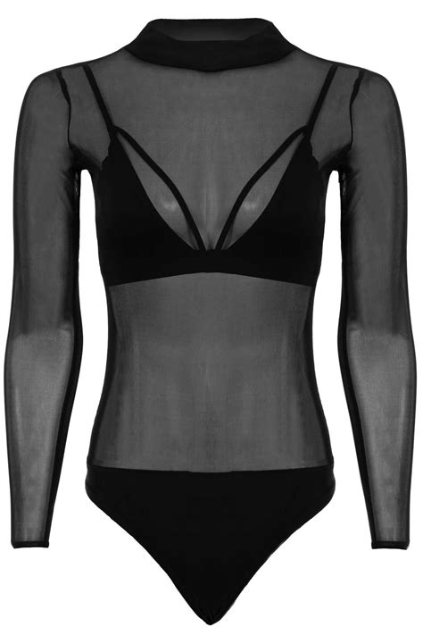 Ladies Turtle Neck All Over Mesh See Through Bodysuit Sexy Top Sheer
