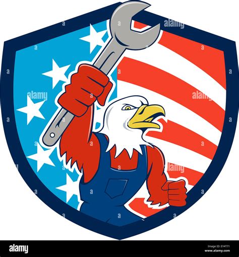Illustration Of A American Bald Eagle Mechanic Holding Spanner Looking