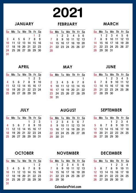 2021 Calendar Pdf Printable Blue Ss Calendarzprint Free