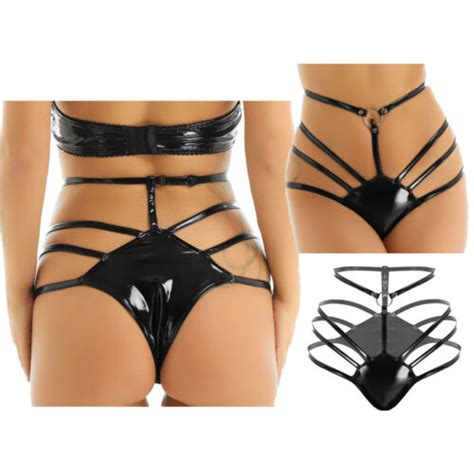 sexy women wetlook leather g string high cut strappy bikini briefs pantis thongs ebay