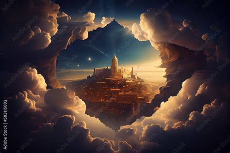 Golden City In The Sky Christian Illustration Concept Of New