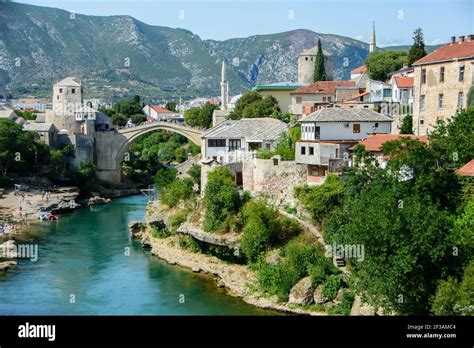 Mostar Bosnia And Herzegovina Neretva River And Old City With Famous