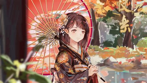 Download Wallpaper 1920x1080 Girl Umbrella Anime Kimono Garden Autumn Full Hd Hdtv Fhd