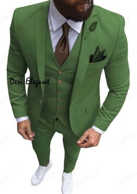 Men Suit Green Coat Pant 3 Piece Suits Vest Blazer Trouser Set Etsy