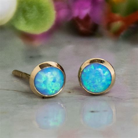K Gold Opal Studs Blue Opal Earrings Gold Stud Earrings Etsy