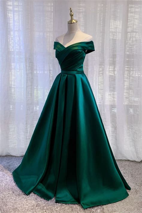 Elegant Ball Gown Off The Shoulder Dark Green Satin Prom Gowns In 2021