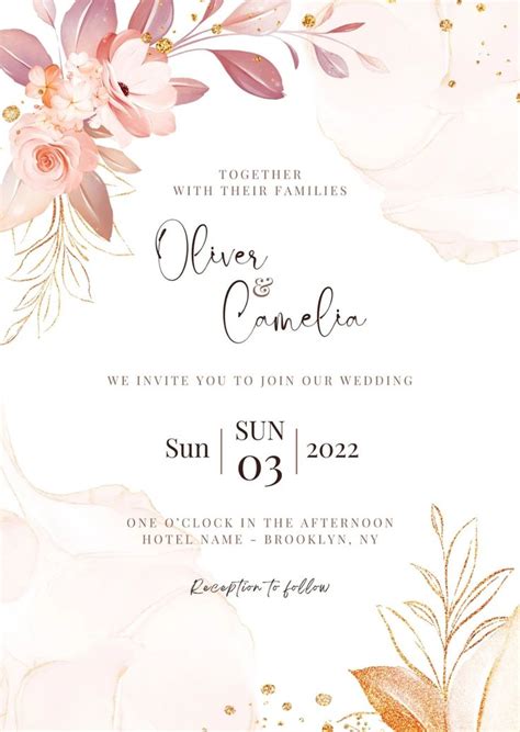 Wedding Invitation Card Of Soft Watercolor Flowers Border Templates