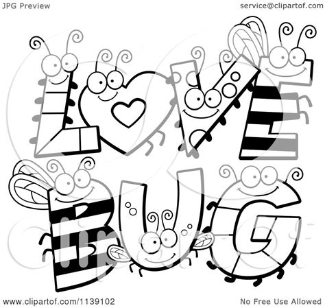 Cartoon Clipart Of Black And White Insect Letters Spelling Love Bug