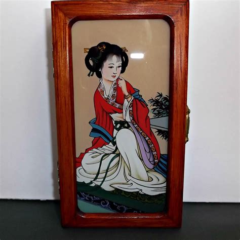 A Small Vintage Asian Geisha Girl Wood Jewelry Box With Inside