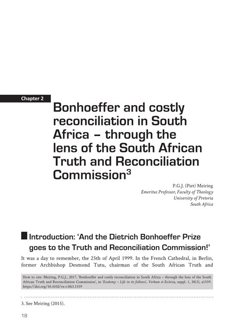 Pdf Bonhoeffer And Costly Reconciliation In South Africa Through The