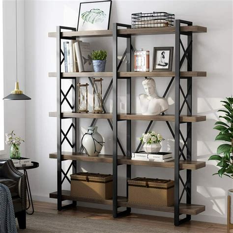 Tribesigns 5 Tier Double Wide Open Bookcase Solid Wood Industrial