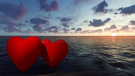 Two Red Hearts In The Sea At Sunset Stock Illustration Illustration