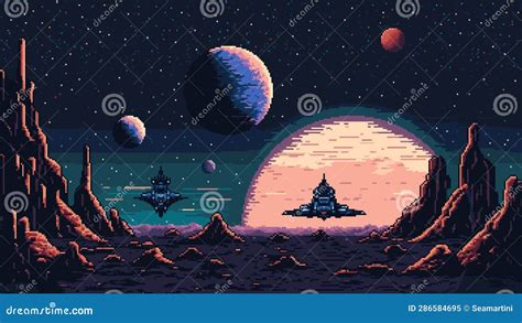 Starships On Planet Surface 8bit Pixel Art Space Stock Vector