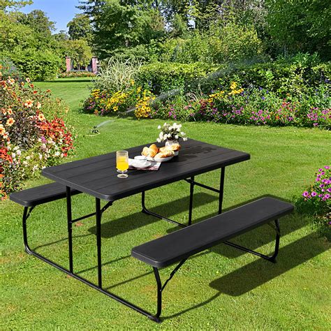 Folding Picnic Table Bench Setoutdoor Dining Tableweatherproof Metal Frameeasy To Portable