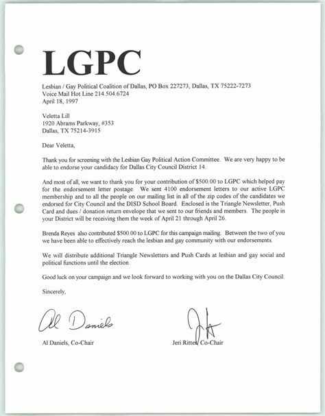 Letter Of Endorsement To Veletta Lill From The Lesbian Gay Political