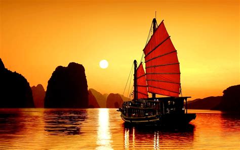 Sailboat At Sunset On Ha Long Bay In Vietnam Hd Wallpaper