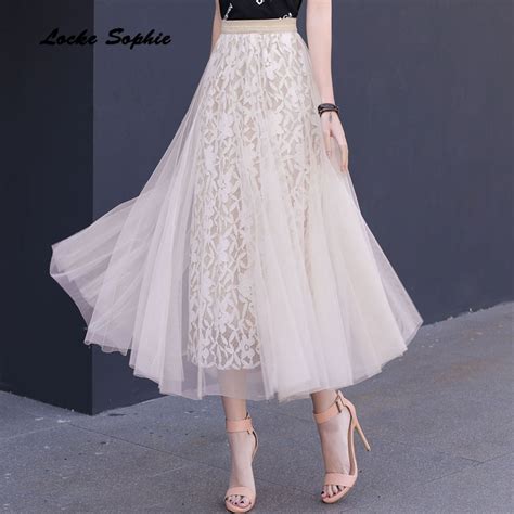 Elastic Hight Waist Skirts Women Plus Size Pleated Skirts 2018 Autumn Fashion Lace Mesh Mosaic