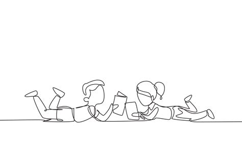 Continuous One Line Drawing Two Kids Boy And Girl Reading Learning And