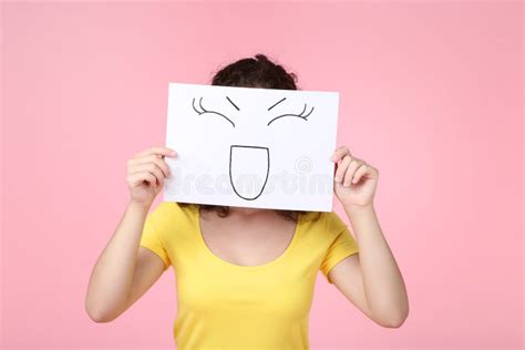 Girl Holding Paper With Drawing Face Stock Photo Image Of Pink