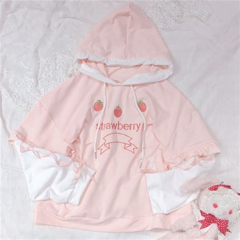 Cute Hoodies Women Strawberry Pattern Long Sleeve Loose Pullover Harajuku Sweet Pink Sweatshirts