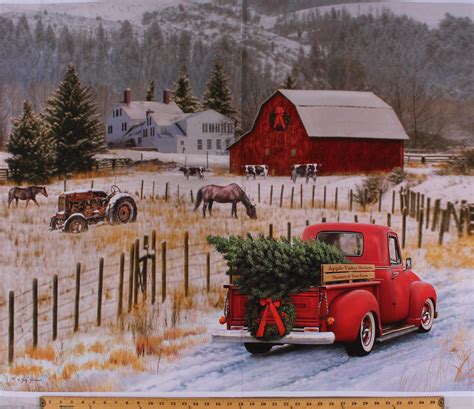 36 X 44 Panel Holiday Red Truck Christmas Tree Country