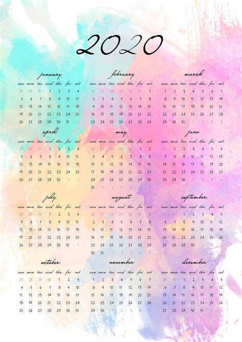 Watercolor Art 2020 Calendar Calendar 2020 Printable Calendar