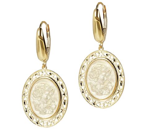Italian Gold Oval Cameo Dangle Earrings 14k Gold