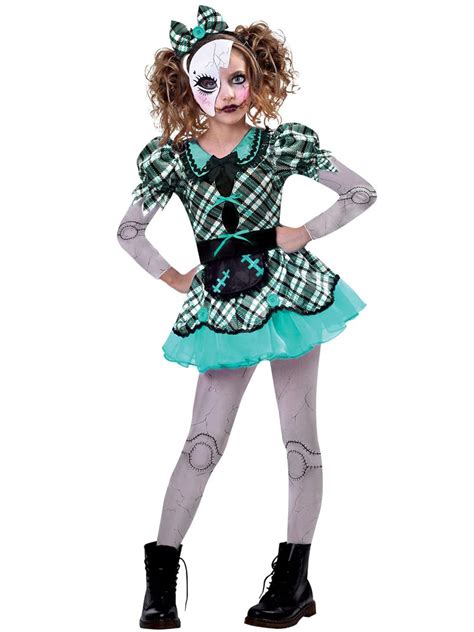 Childs Dark Broken Doll Fancy Dress Halloween Costume Outfit Creepy