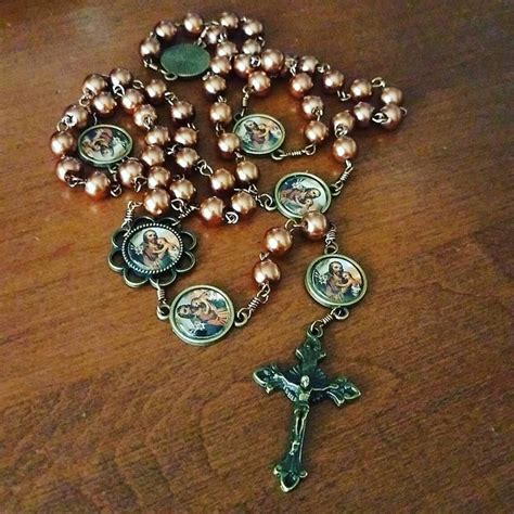St Joseph Bronze Rosary With Antique Copper Glass Pearl Beads Etsy
