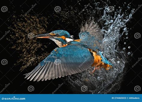 Kingfisher Diving Into Water To Hunt Insects Stock Photo
