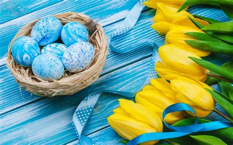 Download Wallpapers Blue Easter Eggs Yellow Tulips Spring Yellow